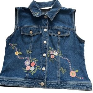 Susan Bristol Denim Vest Embroidered Flowers Boho Cowgirl Cottage Dated 2000